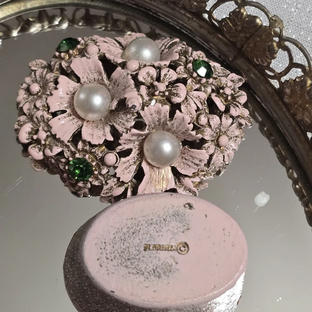 Vintage Florenza Pink Jeweled Floral Basket Trinket Box